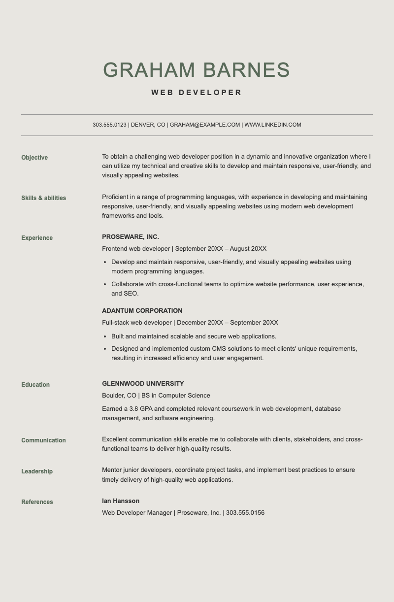 Modern web developer resume - Elegant, print-ready resume for developers featuring clean two-column layout and organized sections.
